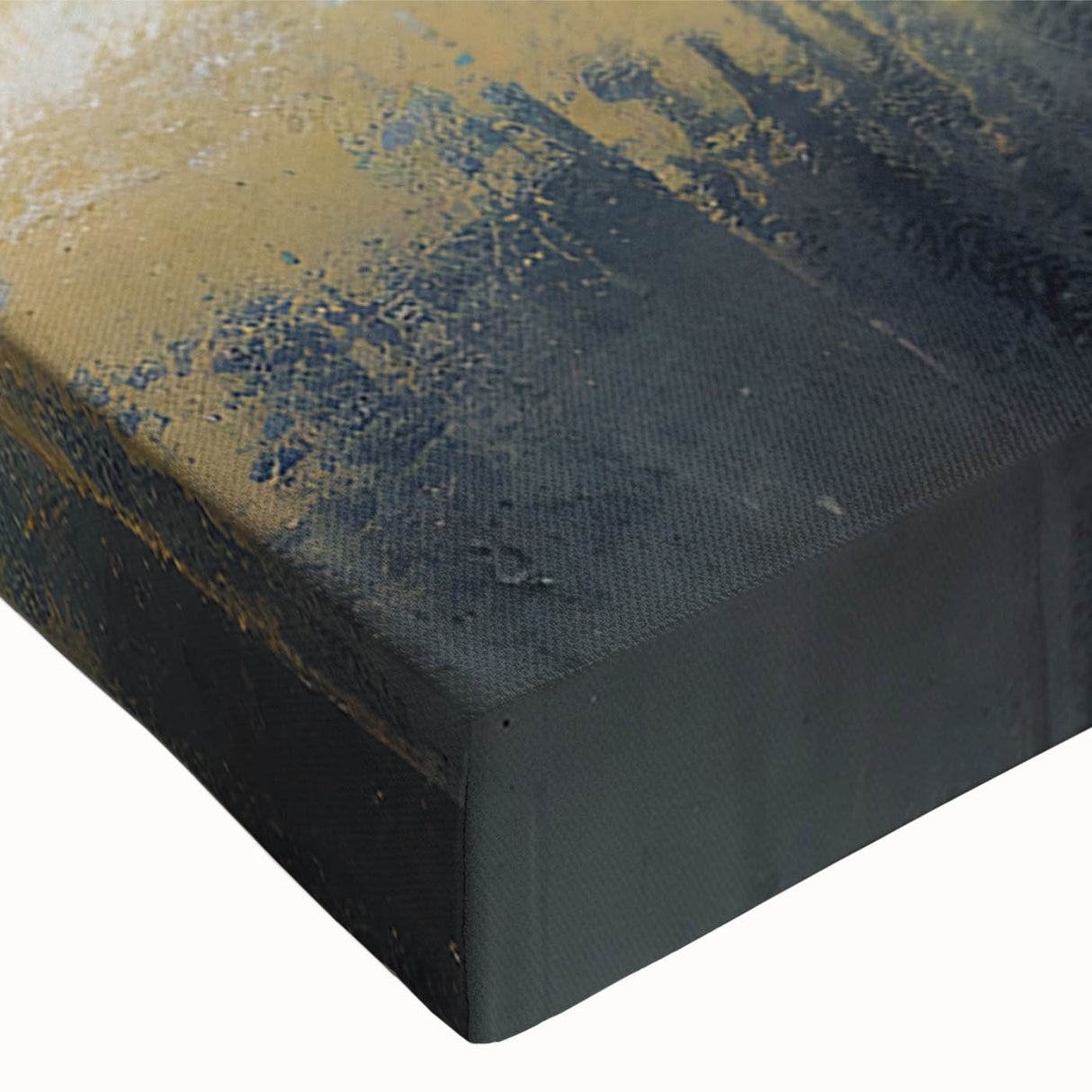 Close-up of an abstract canvas wall art featuring vibrant strokes and lines in shades of blue, orange, and yellow, perfect for modern interior decor.