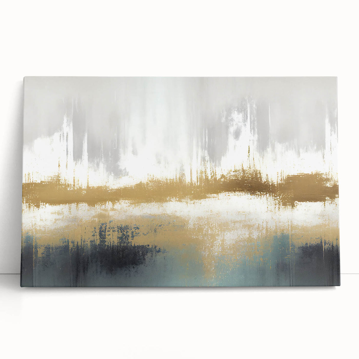 Abstract wall art featuring vibrant strokes and lines in shades of blue, orange, and yellow, displayed on a stretched canvas with a contemporary design, perfect for modern home decor.