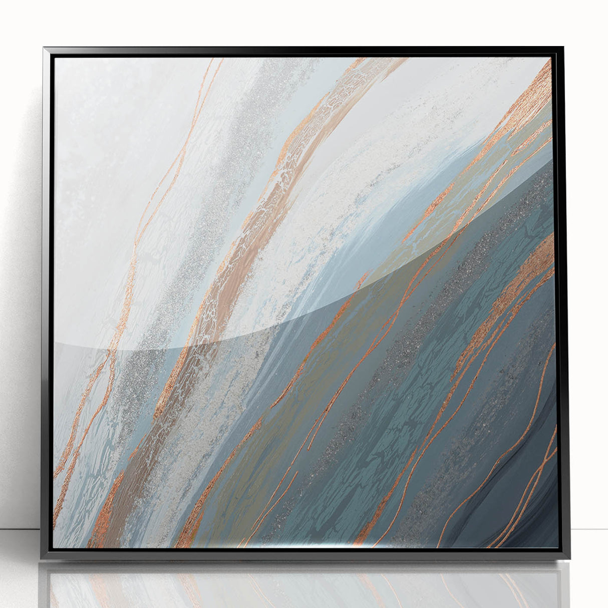 Framed acrylic wall art featuring an abstract design of colorful strokes and lines, set against a black background. Ideal for modern home decor.
