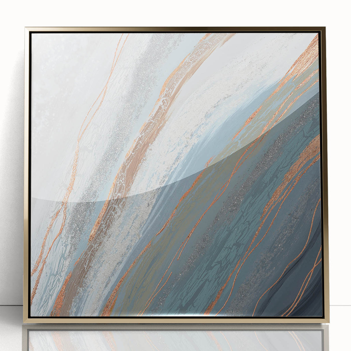 Framed wall art featuring an abstract design of gold strokes and lines on a white background, perfect for modern home decor and artistic interiors.