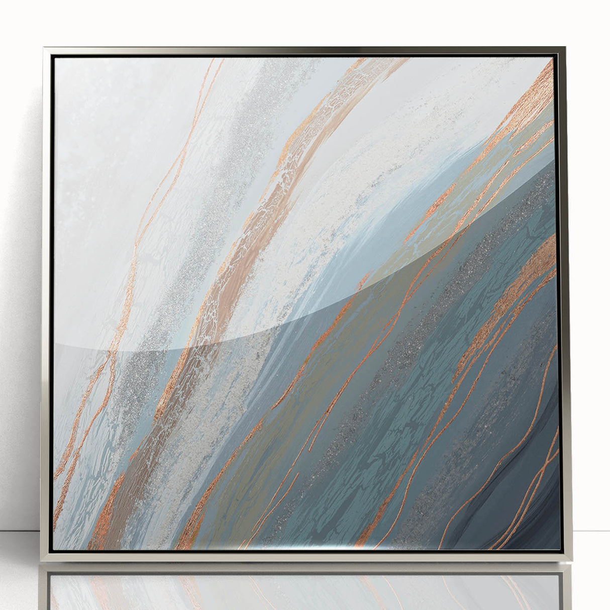 Framed wall art piece showcasing an abstract design of blue and silver strokes and lines, perfect for modern home decor, enhancing artistic ambiance.