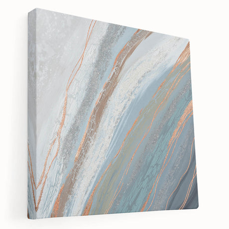 Abstract strokes and lines design in vibrant colors on stretched canvas, showcasing modern art aesthetics with a sleek side view, perfect for contemporary decor.