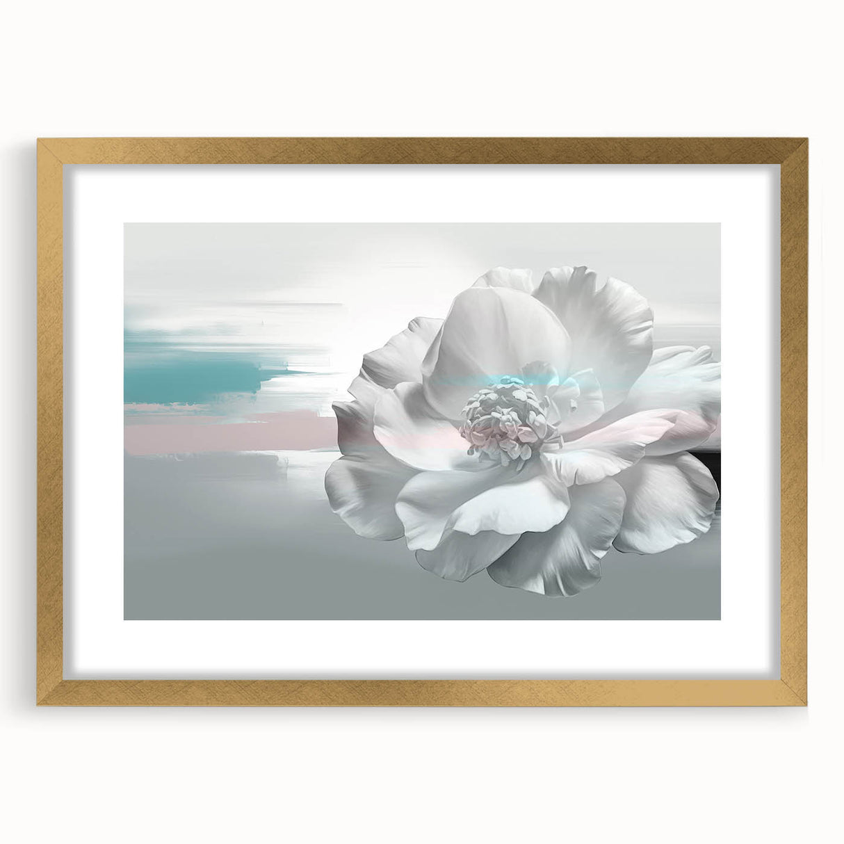 Abstract wall art featuring colorful strokes and lines in a modern design, framed with a gold mat, showcasing a sophisticated and artistic aesthetic for home decor.