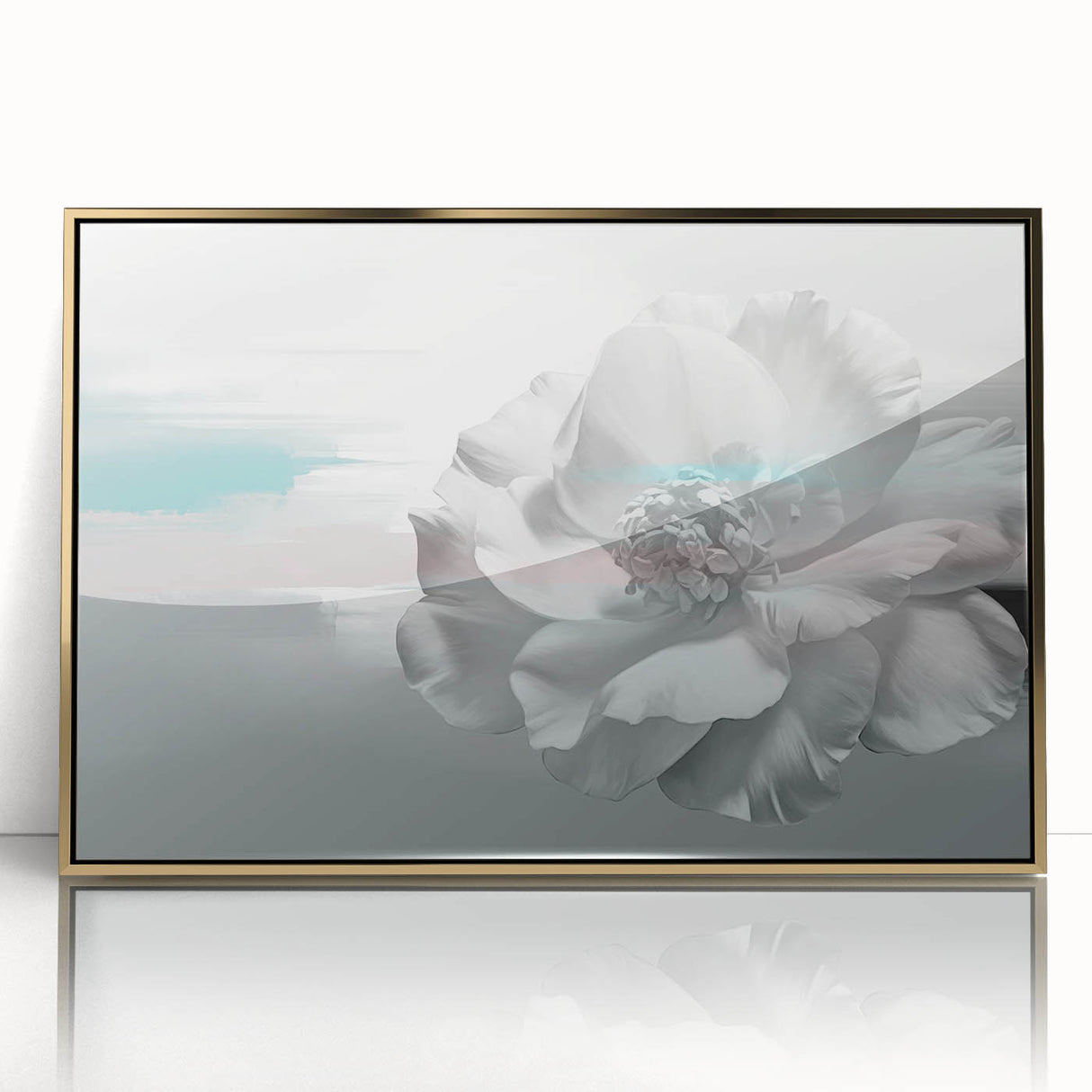 Framed wall art featuring an abstract design of colorful strokes and lines, accented with gold, perfect for modern home decor. Ideal for enhancing living spaces.