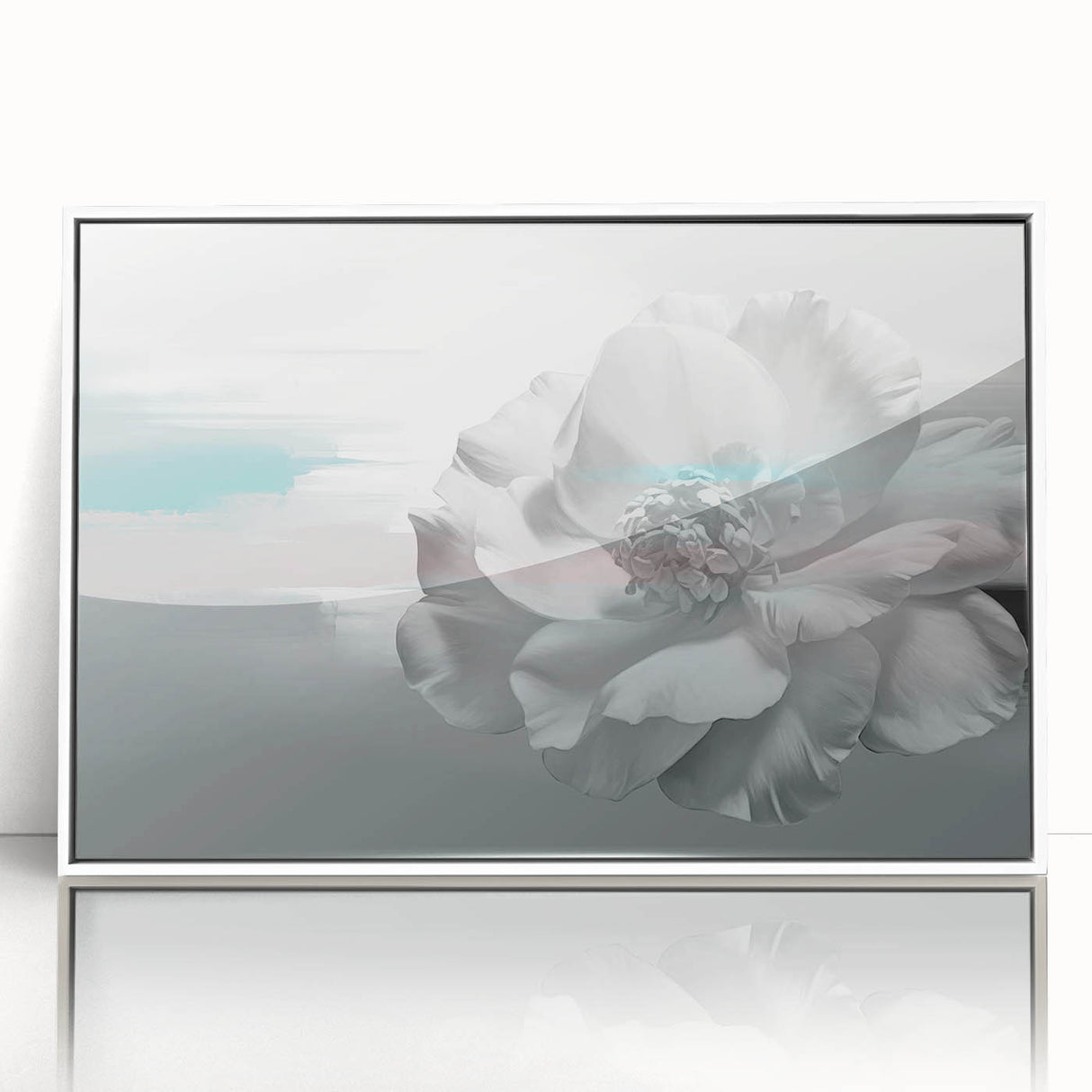 Framed wall art featuring an abstract design of colorful strokes and lines in shades of blue, orange, and white, perfect for modern home décor.