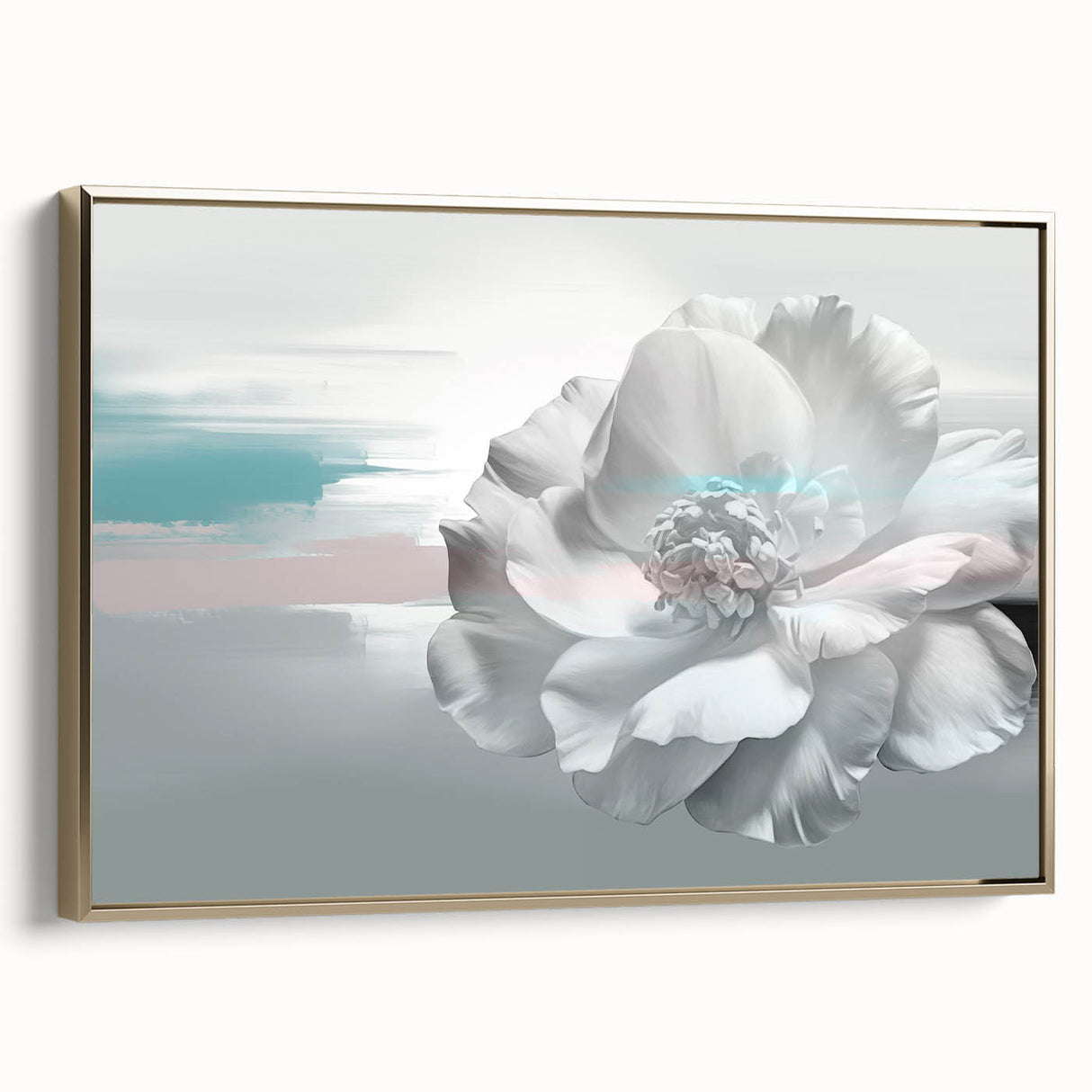 Framed canvas artwork showcasing an abstract design of gold strokes and lines, elegantly displayed from a side view, perfect for modern home decor.