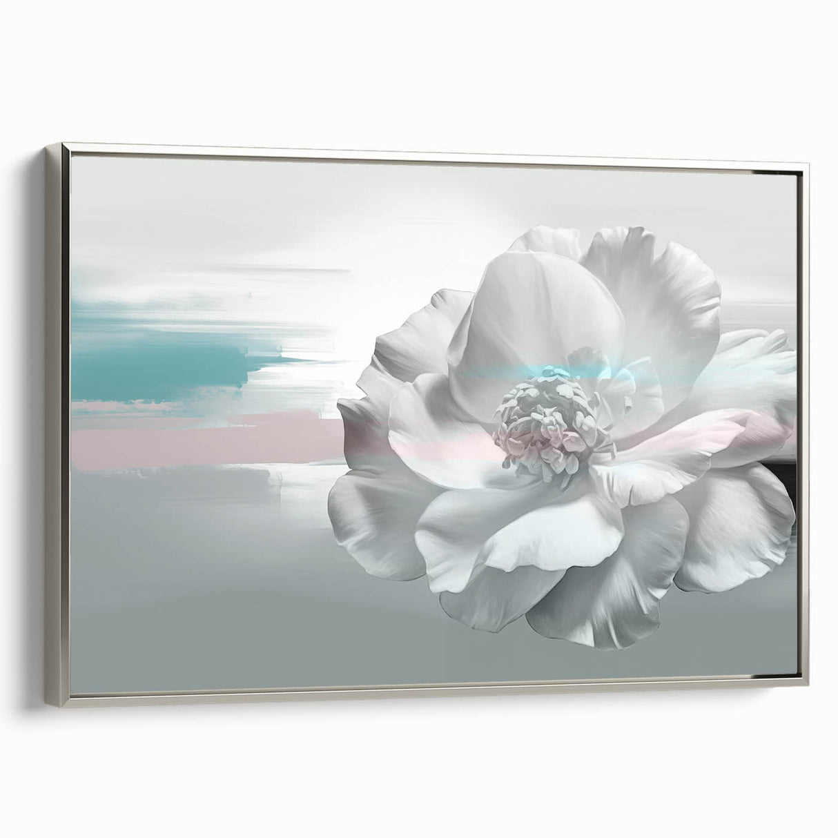 Framed canvas wall art showcasing an abstract design of colorful strokes and lines, with a sleek silver frame, perfect for modern home decor.