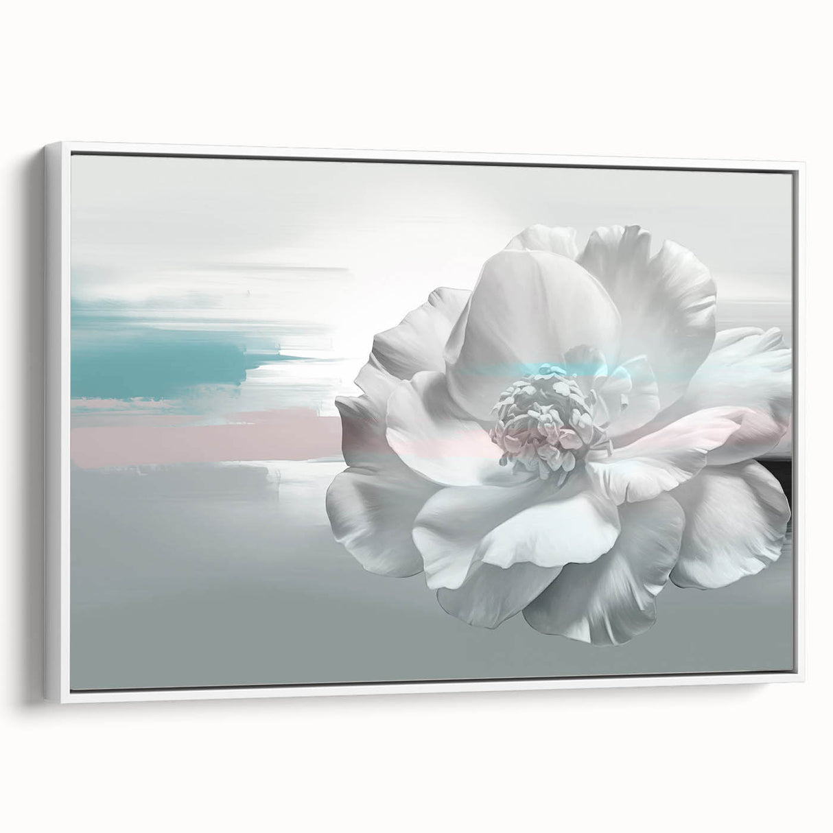 Framed canvas artwork showcasing an abstract design with colorful strokes and lines, presented from a white side view, ideal for modern home decor.