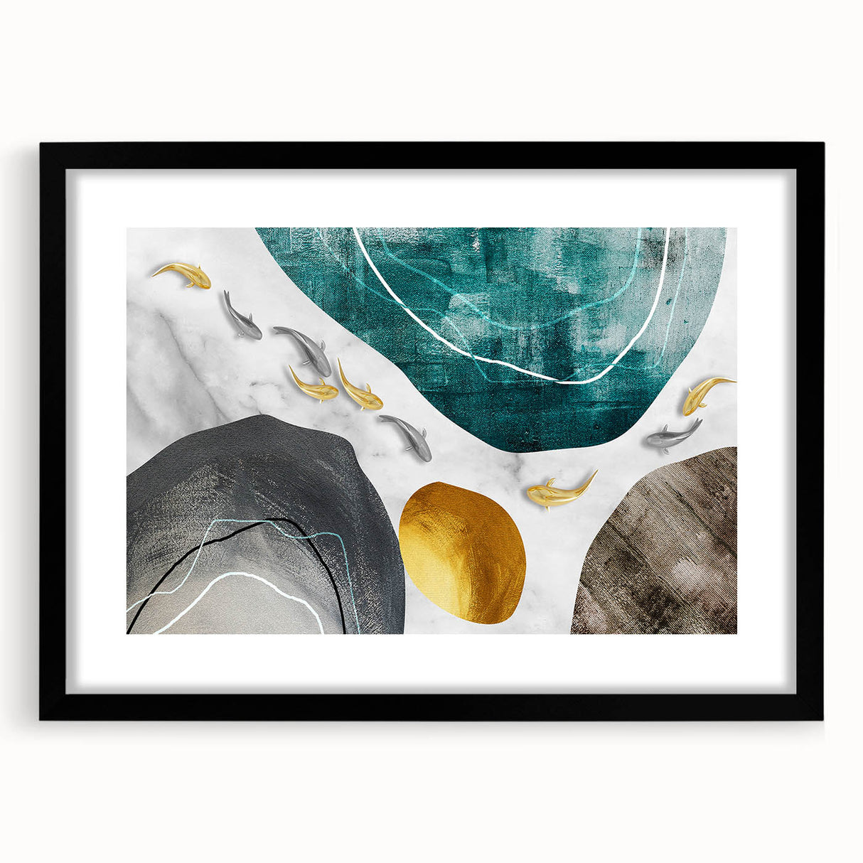 Abstract wall art featuring dynamic strokes and lines in muted tones, framed with a sleek black mat, showcasing modern décor for contemporary spaces.