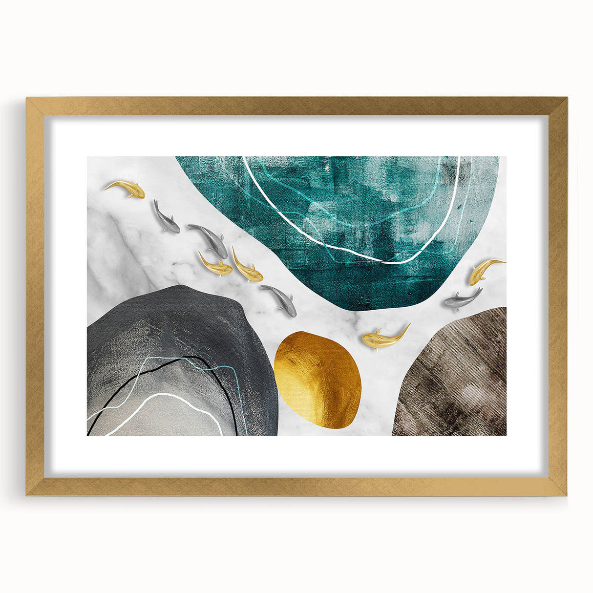 Abstract wall art featuring dynamic strokes and lines in a gold frame with matting, showcasing a modern design ideal for stylish home decor. This artwork adds a sophisticated touch to any interior space.