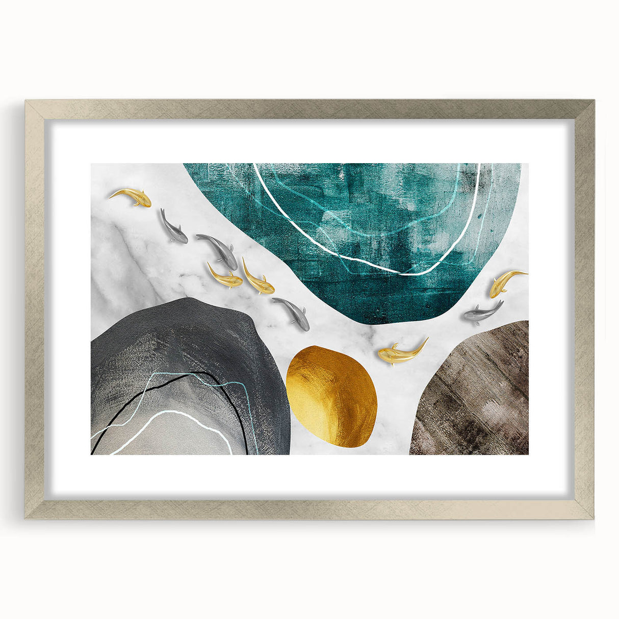 Abstract wall art featuring dynamic strokes and lines in a sophisticated silver frame with mat, perfect for modern home decor. Ideal for enhancing artistic spaces.