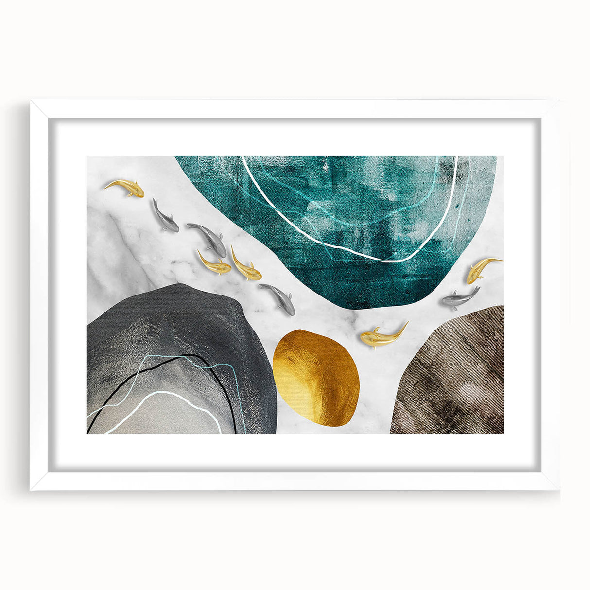 Abstract wall art featuring a modern design of colorful strokes and lines in a white frame with a mat, perfect for contemporary home decor. Ideal for enhancing living spaces with artistic flair and subtle elegance.