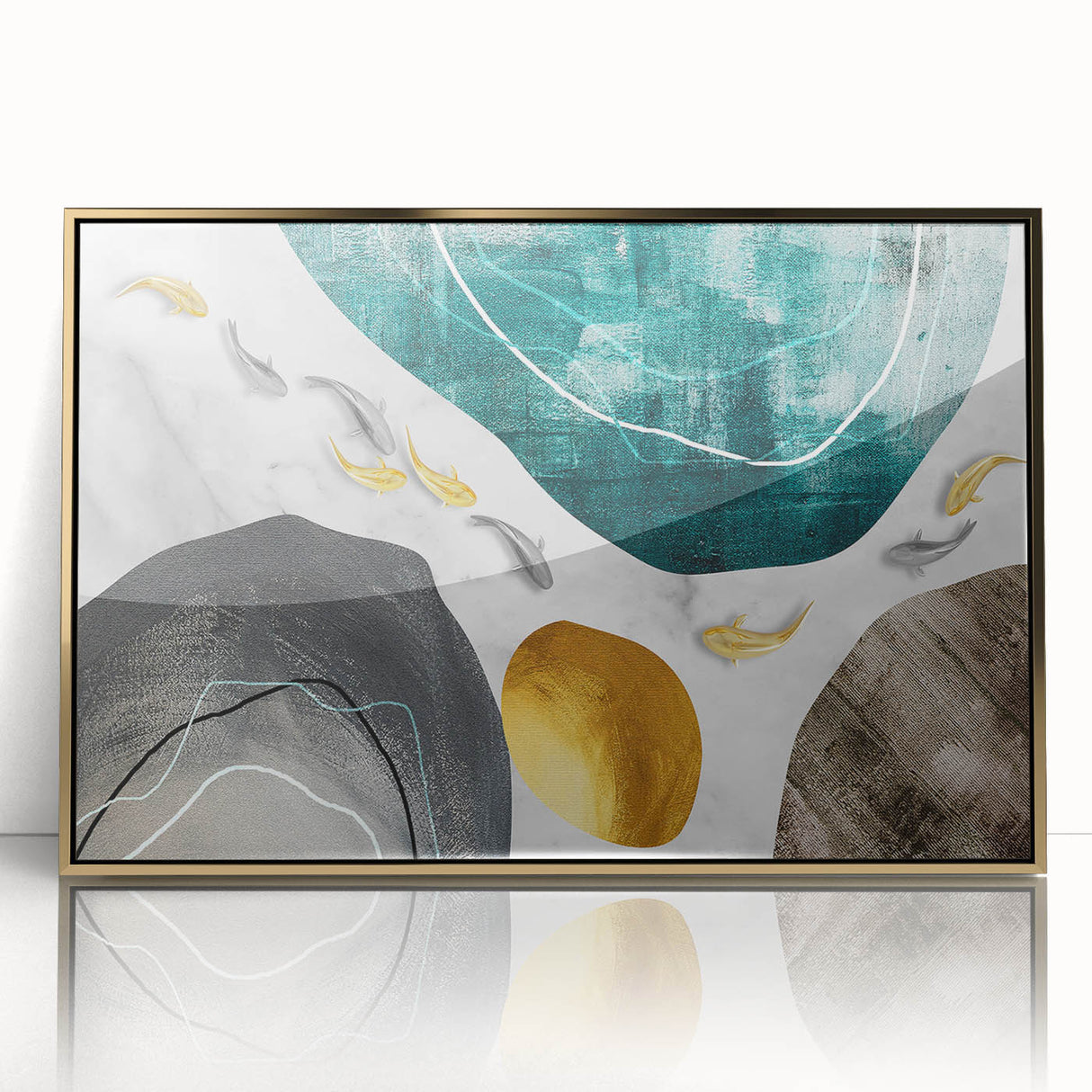 Framed wall art featuring an abstract design of gold strokes and lines on a sleek acrylic surface, perfect for modern decor and adding elegance to any space.