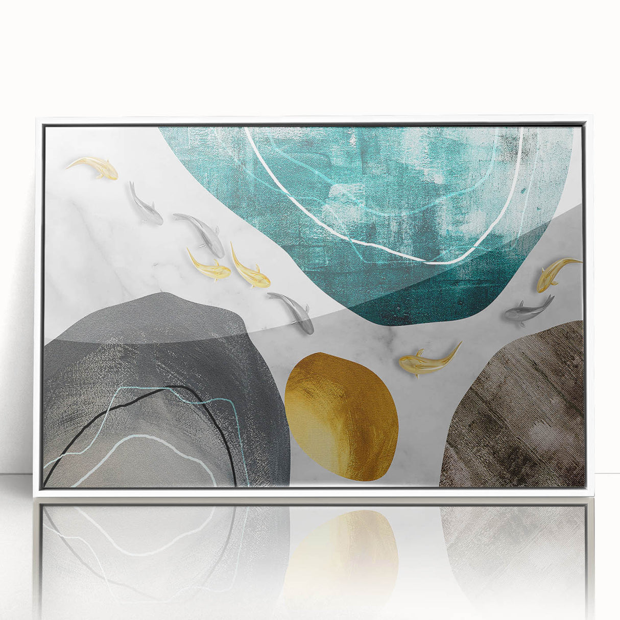 Framed wall art featuring an abstract design of colorful strokes and lines, presented in a sleek white frame, perfect for modern home decor.