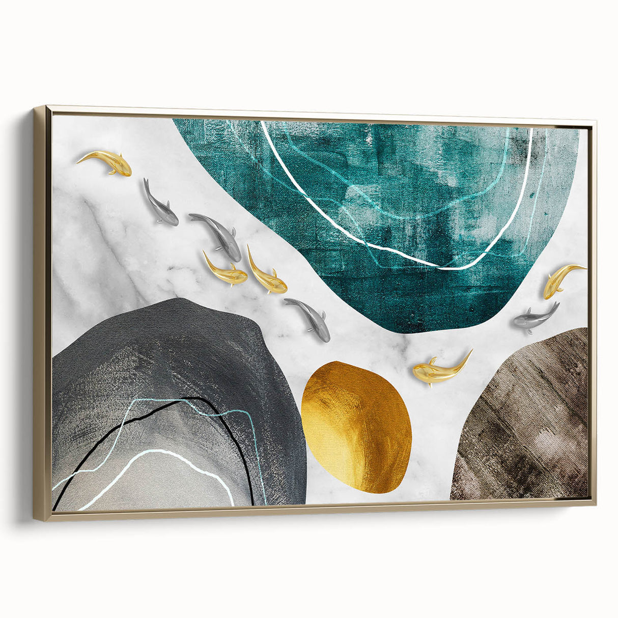 Framed canvas wall art showcasing an abstract design with gold strokes and lines, elegantly displayed from a side view against a neutral background. This modern artwork adds a touch of sophistication to any interior decor.