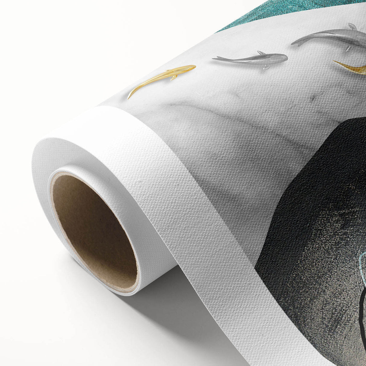 Abstract wall art featuring colorful strokes and lines in vibrant hues of blue, yellow, and pink, elegantly presented on a rolled canvas, perfect for modern decor.