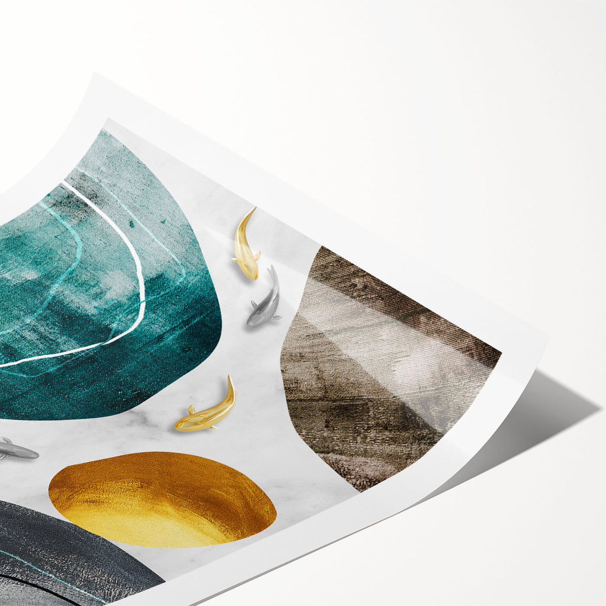 Abstract wall art print showcasing vibrant strokes and lines in shades of blue, orange, and yellow, perfect for modern home decor. This rolled print emphasizes contemporary artistic expression and adds a colorful touch to any interior space.