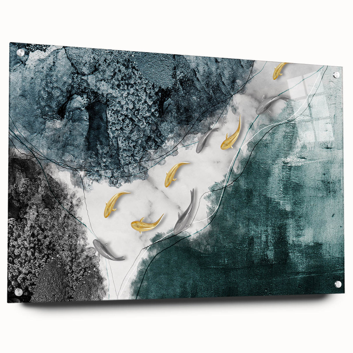 Abstract wall art featuring colorful strokes and lines, displayed in an acrylic frame with pins, showcasing a modern design ideal for contemporary decor.