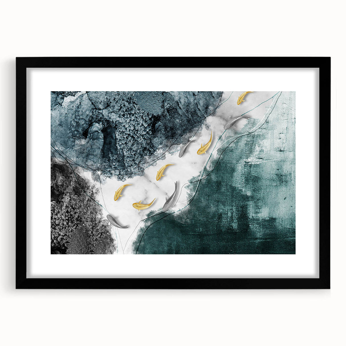 Abstract wall art featuring a striking design of multicolored strokes and lines in a sleek black frame with a mat, ideal for modern home decor.