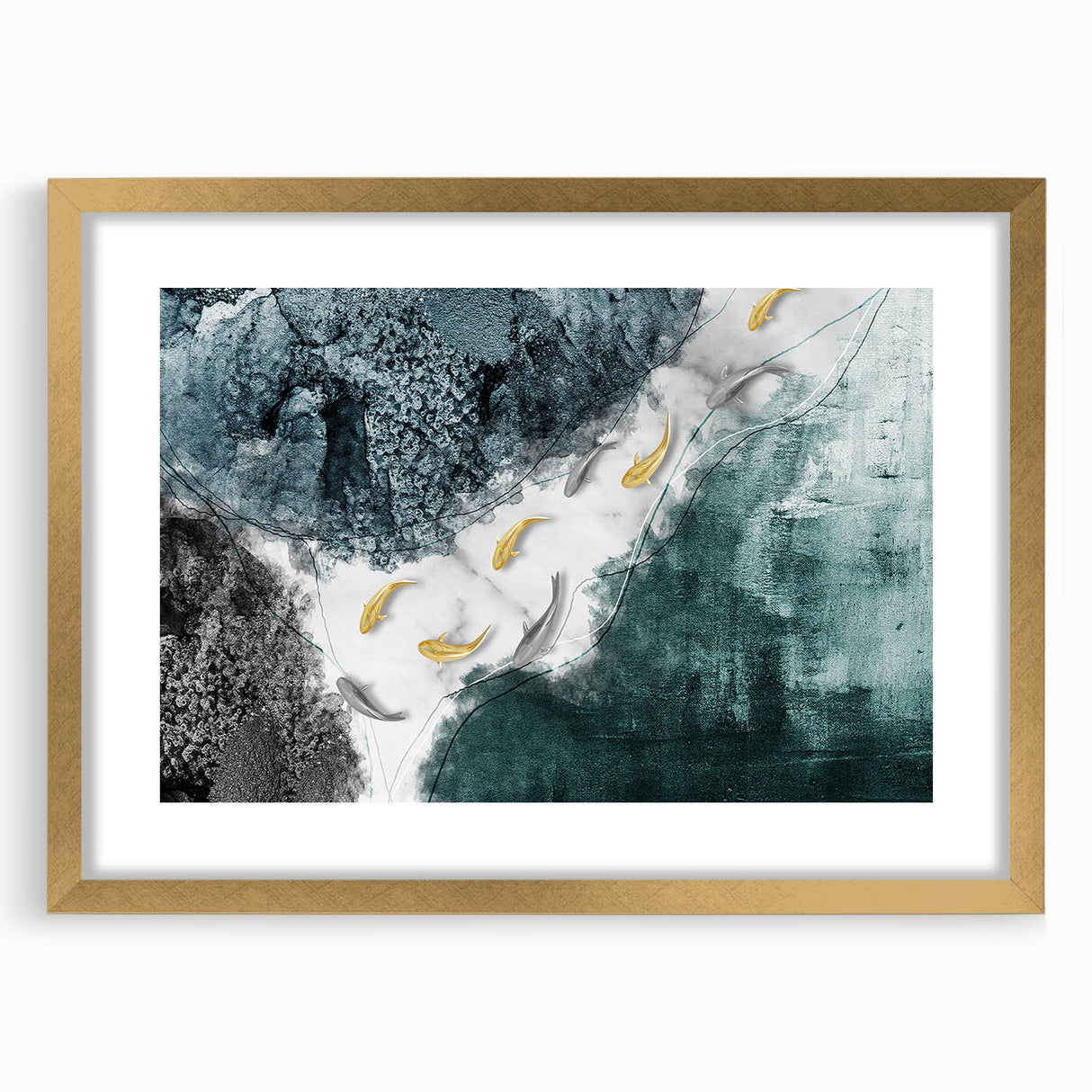 Framed abstract wall art featuring vibrant strokes and lines in gold and neutral tones, designed to enhance modern home decor. Perfect for stylish interiors.