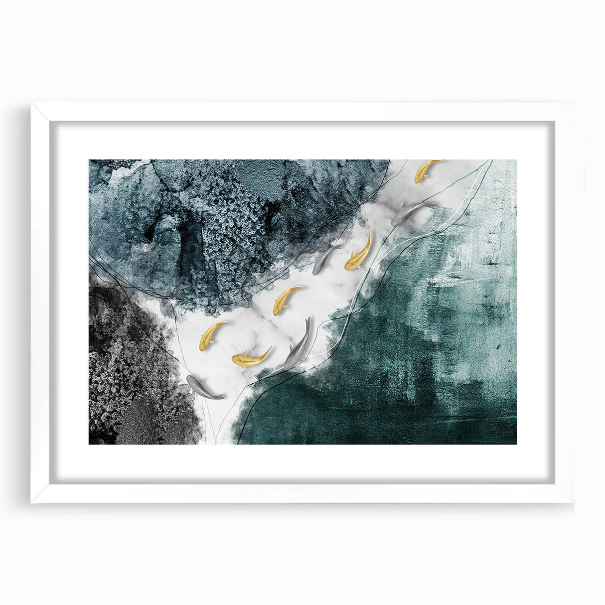 Abstract wall art featuring vibrant strokes and lines in various shades of blue, yellow, and orange, framed with a white mat, perfect for modern decor.