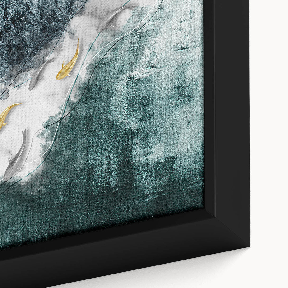 Close-up of a framed canvas wall art featuring an abstract design of colorful strokes and lines, showcasing vibrant hues of blue, orange, and yellow, perfect for modern decor.