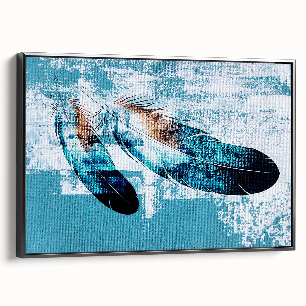 Framed wall art displaying an abstract design of colorful strokes and lines on a textured canvas, viewed from the side, perfect for modern decor.