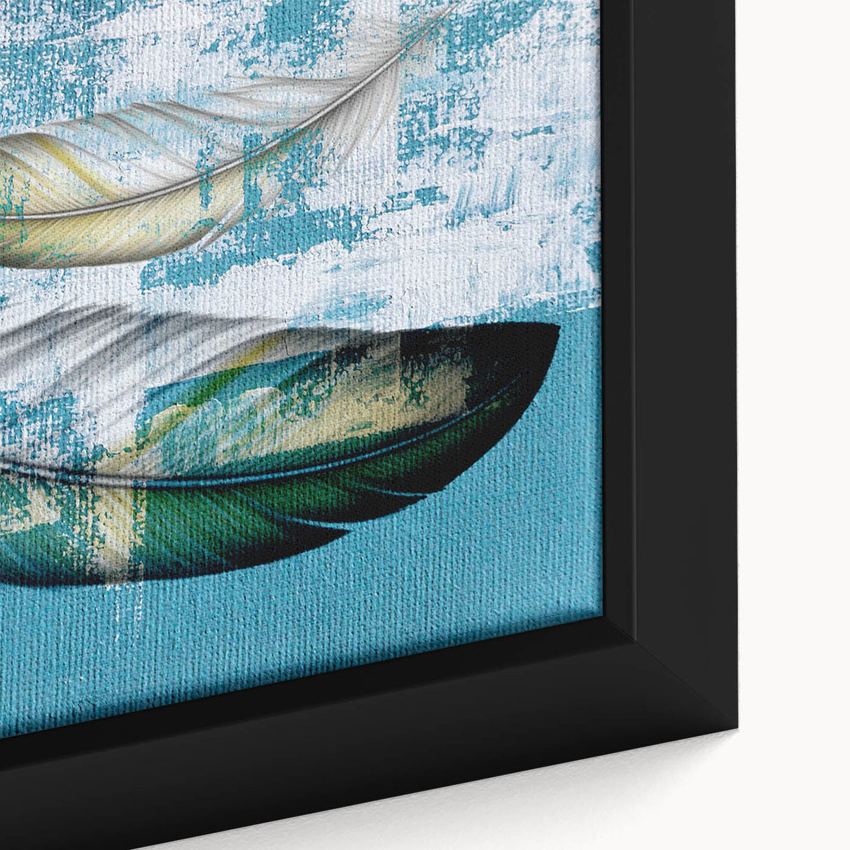 Close-up of a framed abstract wall art piece showcasing vibrant strokes and lines in a blend of blue, yellow, and orange hues, ideal for modern home decor.