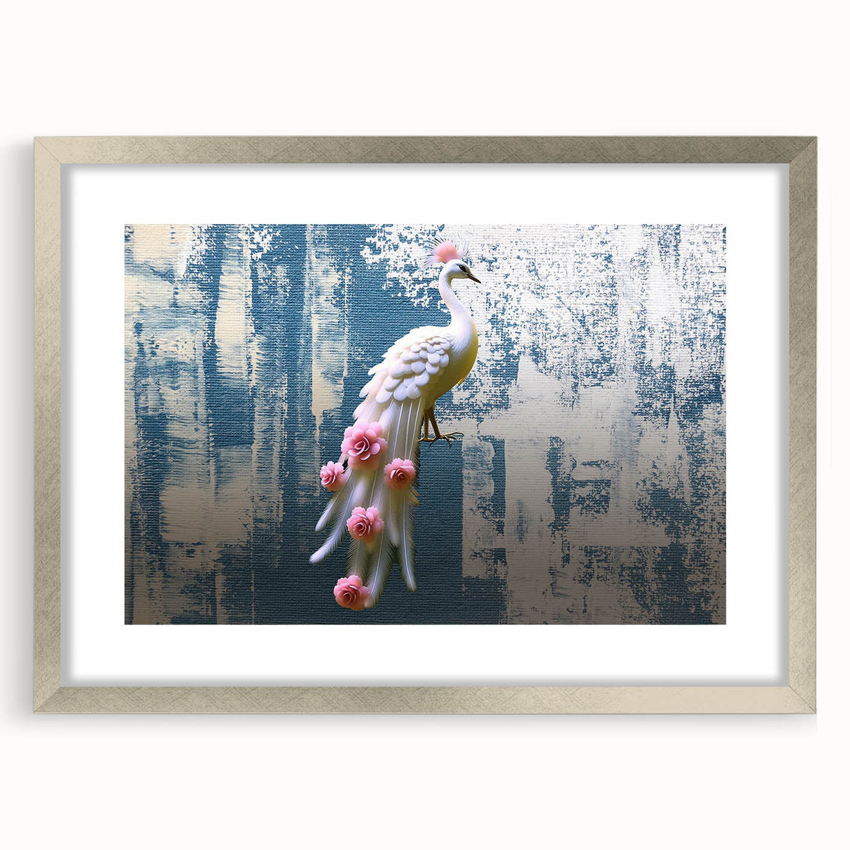 Abstract wall art featuring dynamic strokes and lines in a modern design, framed with a sleek silver mat, perfect for contemporary home decor.