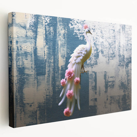 Abstract wall art design showcasing vibrant strokes and lines in shades of blue, orange, and gold, printed on stretched canvas with a side view display. Perfect for modern home decor.