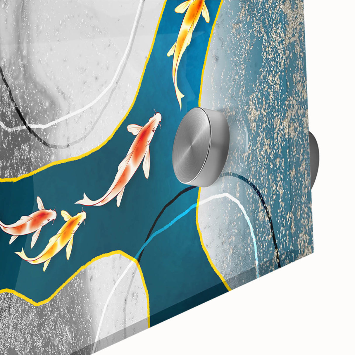 Close-up view of an abstract art piece with vibrant strokes and lines in blue, orange, and yellow hues, showcasing a modern aesthetic suitable for home decor.