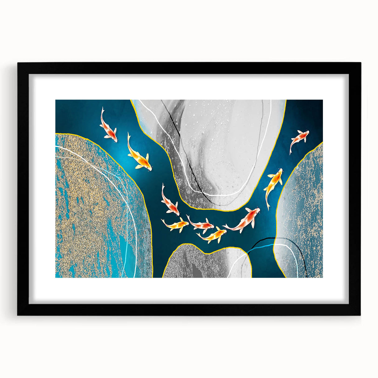 Abstract wall art featuring dynamic strokes and lines in a modern design, framed in black with a mat, showcasing an elegant and contemporary aesthetic. Ideal for enhancing living spaces or offices.