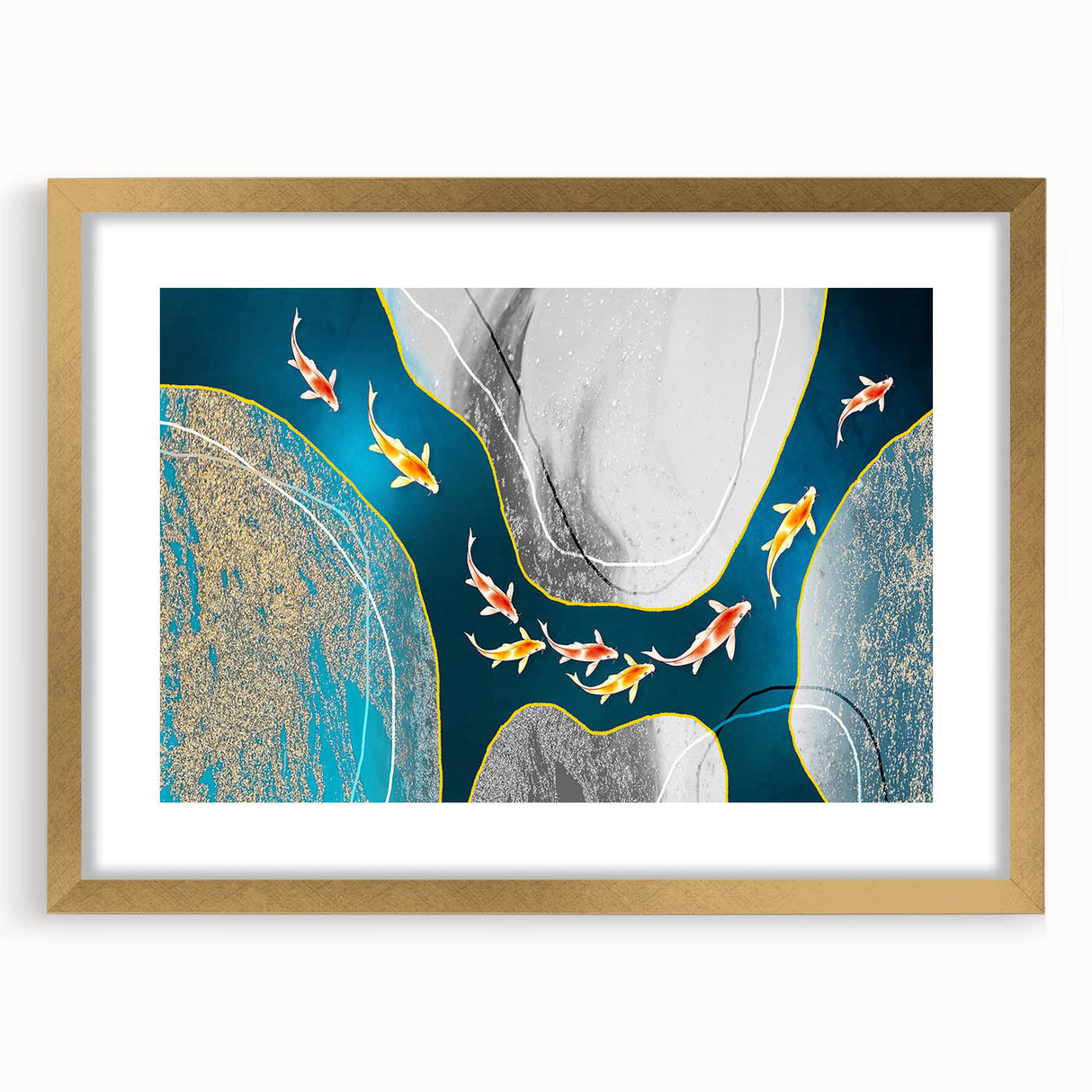 Abstract strokes and lines design wall art framed in gold with a mat, showcasing modern artistic style perfect for contemporary home decor.