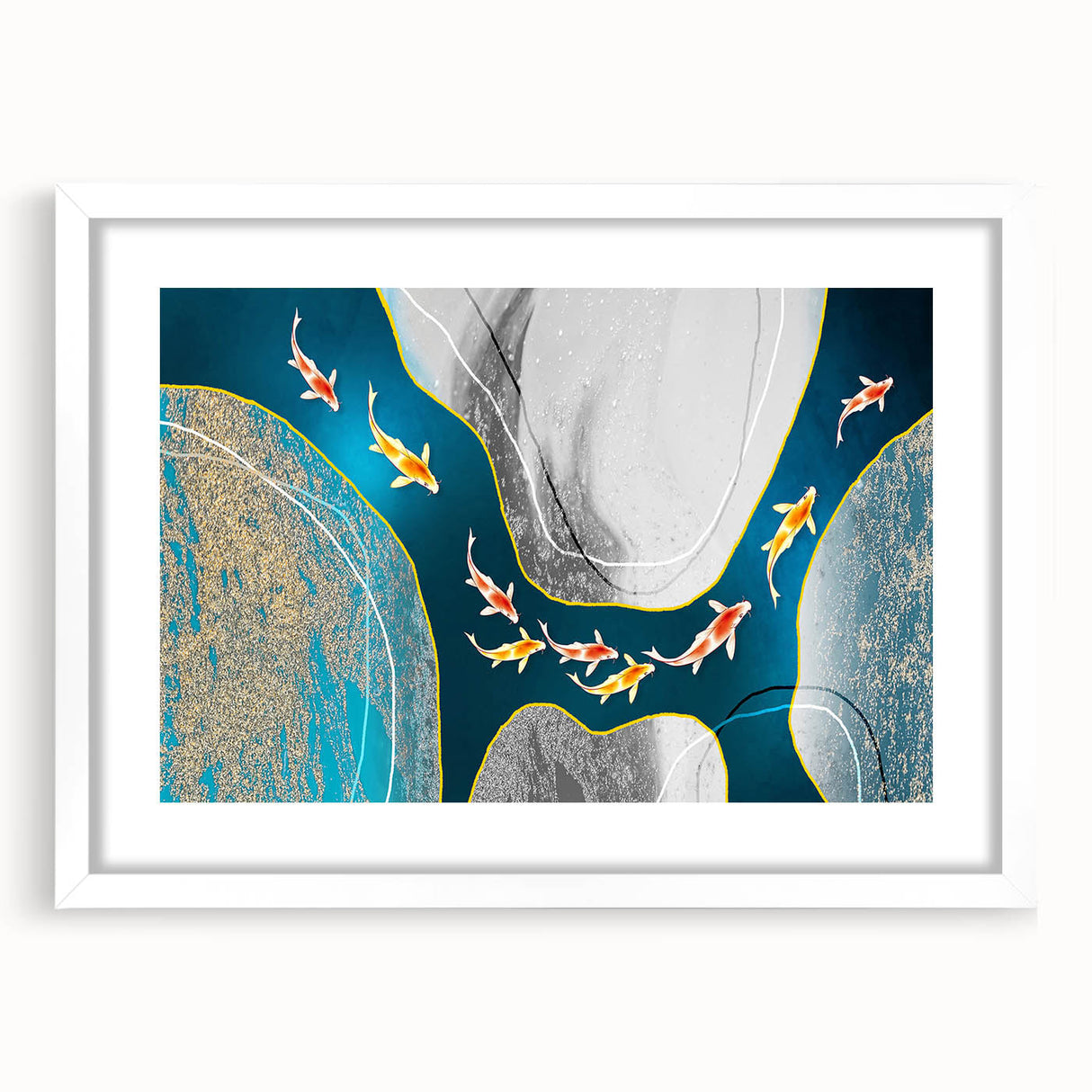 Abstract wall art print featuring a modern design of colorful strokes and lines in a white frame with a mat, perfect for contemporary decor. Ideal for enhancing living spaces or offices.
