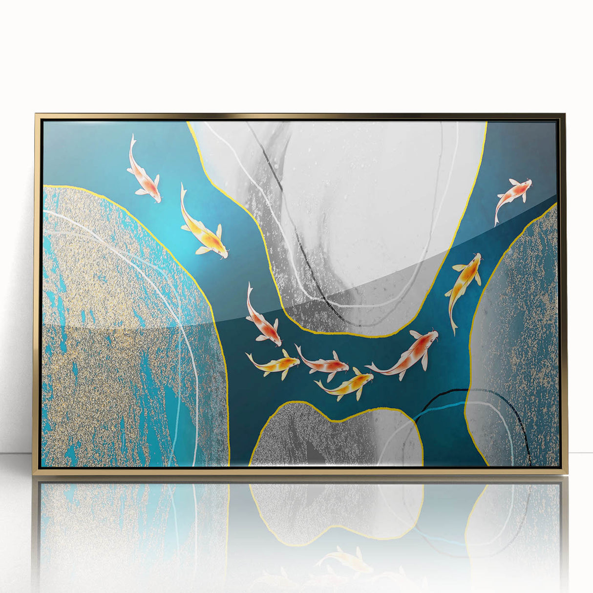 Framed wall art featuring an abstract design with vibrant strokes and lines in gold, perfect for modern decor, showcasing a contemporary aesthetic in a gallery setting.