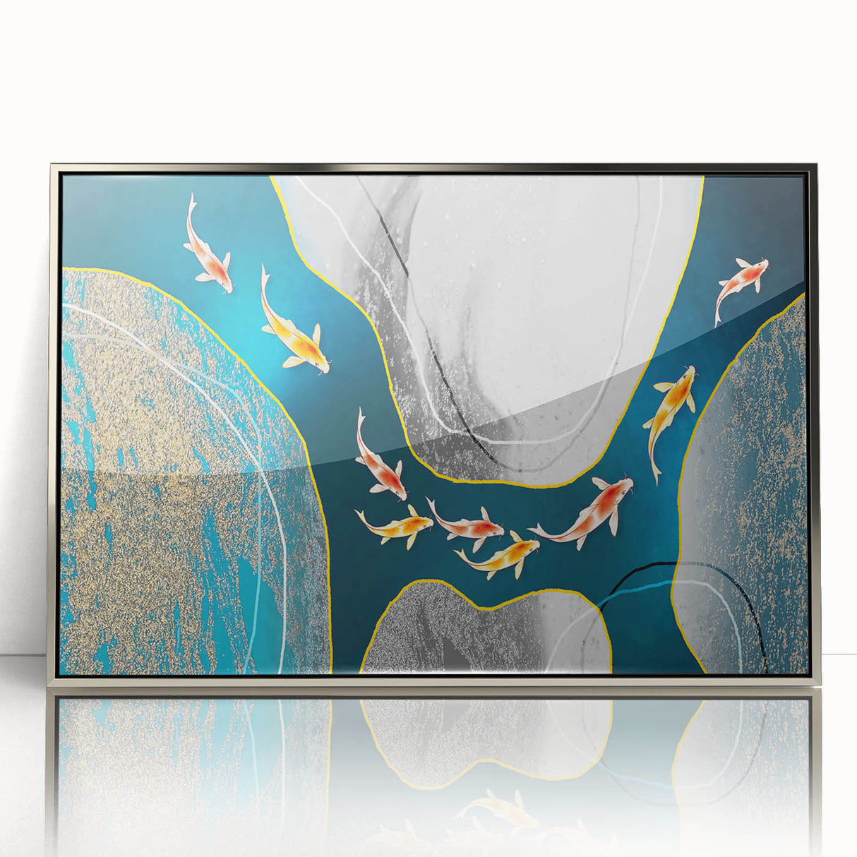 Framed wall art featuring an abstract design of colorful strokes and lines in a dynamic composition, set in a sleek silver frame, ideal for modern decor.