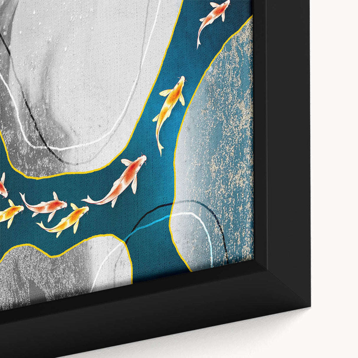 Close-up of a framed canvas wall art featuring an abstract design with colorful strokes and lines, perfect for modern home decor. The intricate details and vibrant hues add visual interest and artistic flair to any interior space.