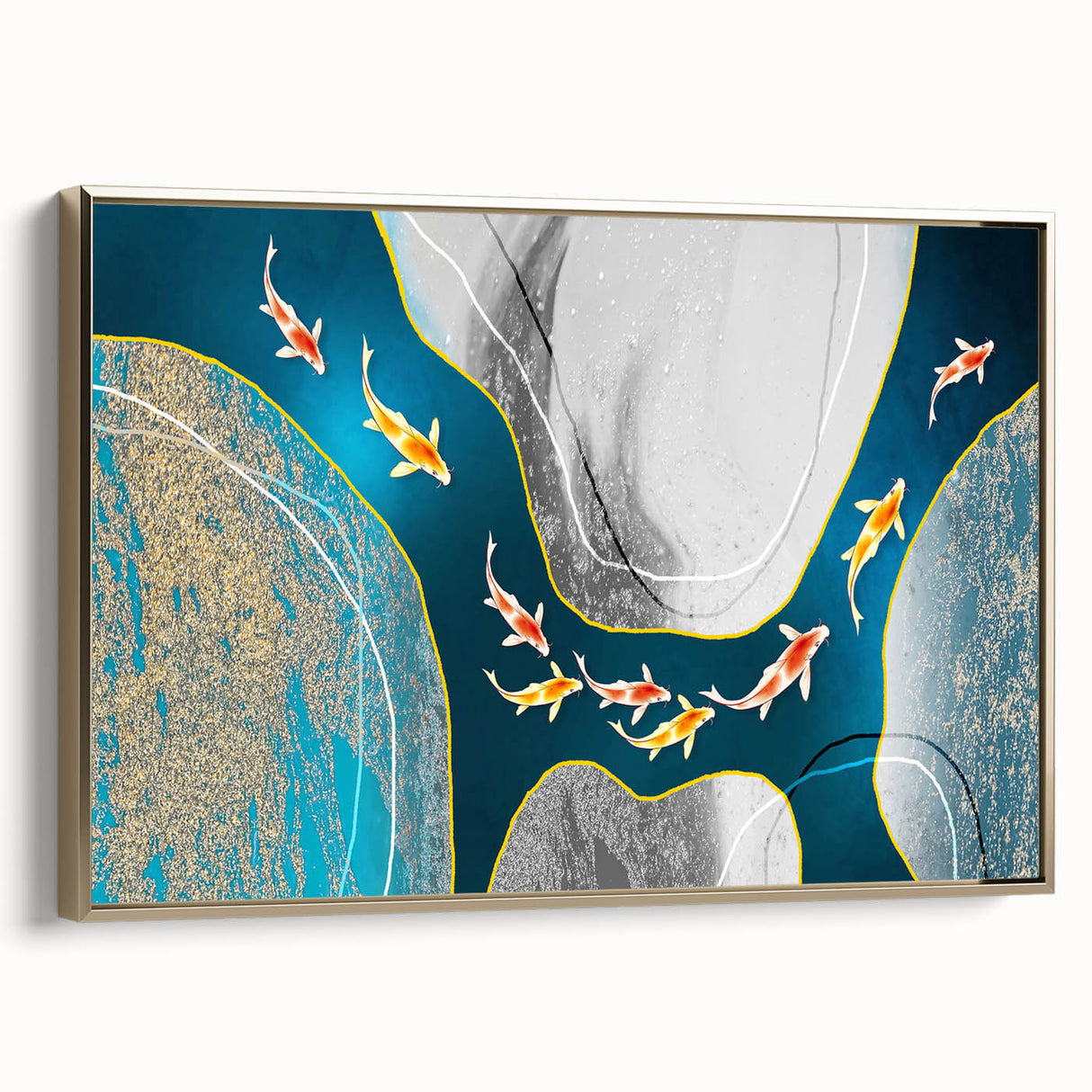 Framed wall art featuring an abstract design of gold strokes and lines on a textured canvas, showcasing vibrant colors and modern aesthetics for stylish home decor.