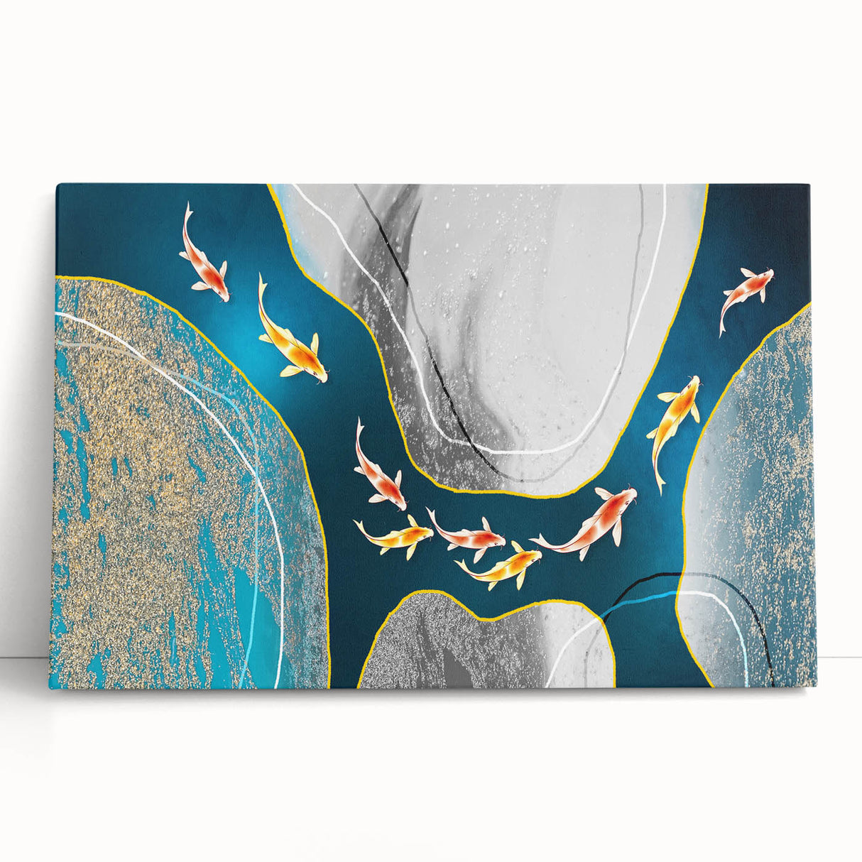 Abstract wall art design showcasing vibrant strokes and lines in shades of blue, orange, and yellow, printed on stretched canvas, perfect for modern home decor.