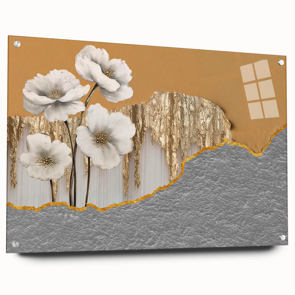 Abstract wall art design featuring vibrant strokes and lines in an acrylic glass frame, showcasing a modern aesthetic with a side view display, ideal for contemporary decor.