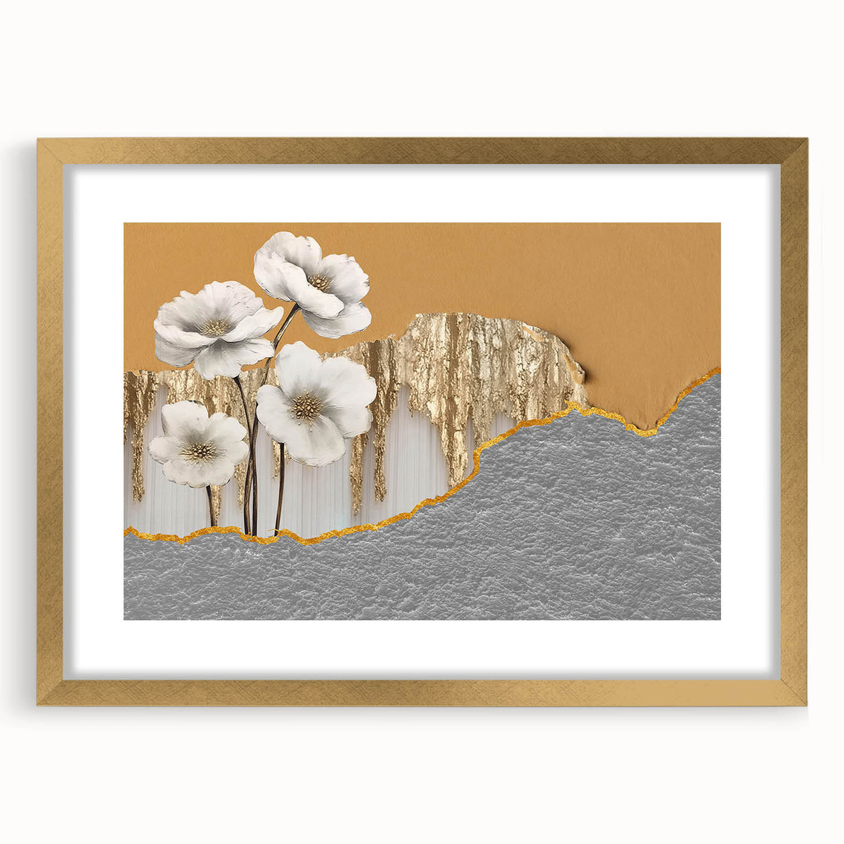 Abstract wall art featuring colorful strokes and lines, framed in gold with a mat. Ideal for modern decor, adding a vibrant touch to any space.