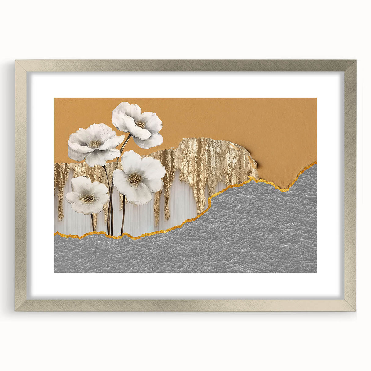 Abstract wall art featuring a modern design of colorful strokes and lines in a silver frame with a mat, ideal for contemporary home decor.