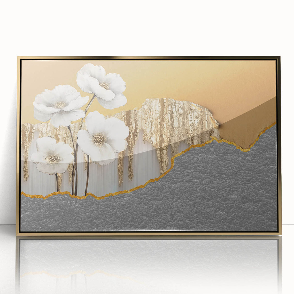 Framed wall art featuring an abstract design of gold strokes and lines on a white background, adding a modern touch to contemporary decor. Perfect for living spaces and offices.