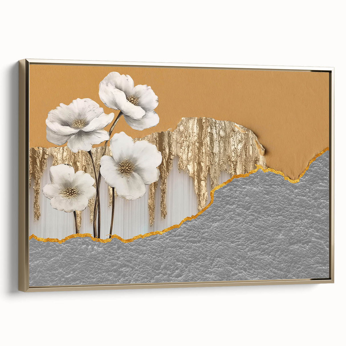 Framed abstract wall art featuring gold strokes and lines on a textured canvas, showcasing a modern design perfect for contemporary home decor.