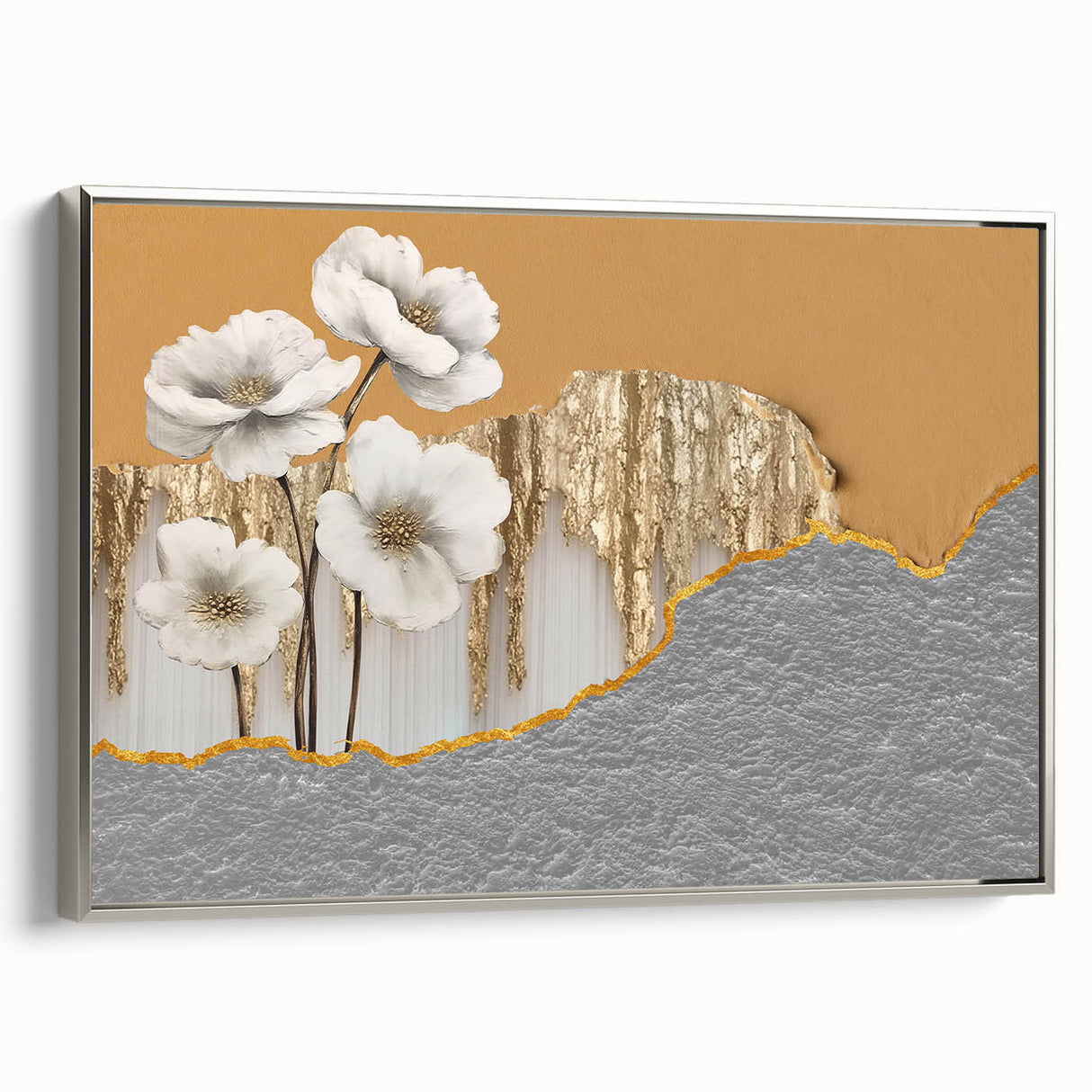 Framed canvas artwork showcasing an abstract design with silver strokes and lines, highlighting a modern aesthetic ideal for contemporary decor.