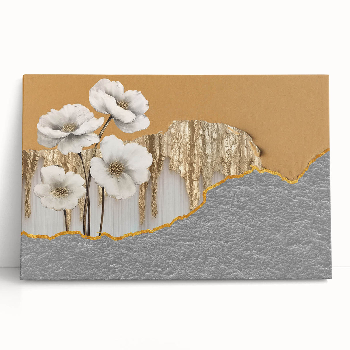 Abstract strokes and lines design on stretched canvas wall art, featuring vibrant colors of blue, orange, and green, perfect for modern home decor.