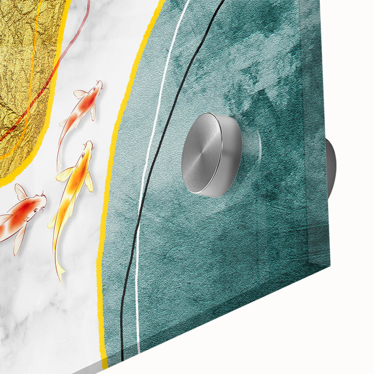 Close-up of an abstract wall art design featuring colorful strokes and lines, highlighting vibrant hues of blue, orange, and green on acrylic glass. Perfect for modern home decor.