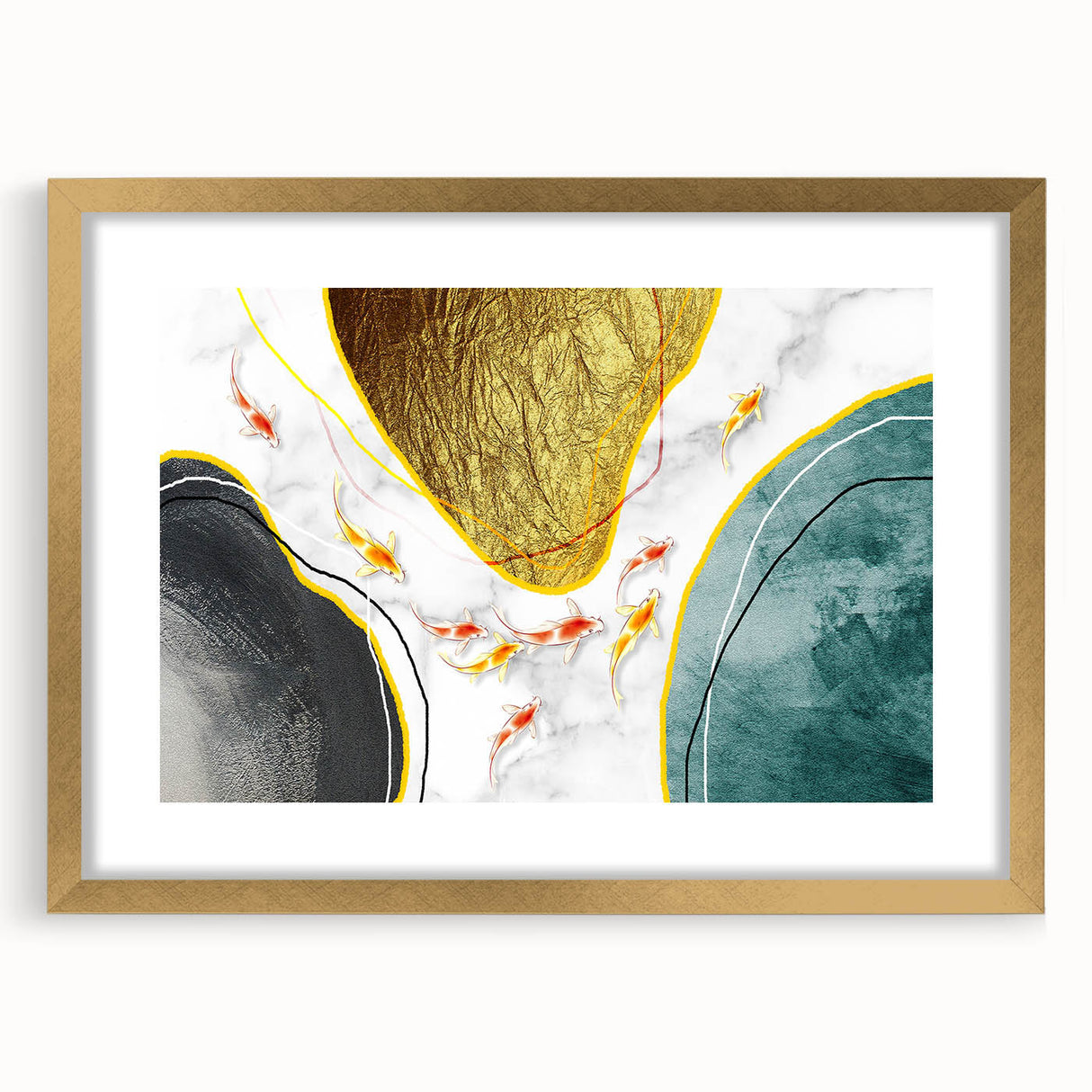 Abstract wall art featuring vibrant strokes and lines in gold and neutral tones, framed with a sleek mat. Ideal for modern decor and artistic spaces.
