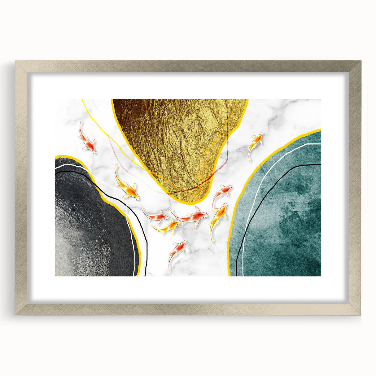 Abstract wall art featuring a dynamic design of multicolored strokes and lines, elegantly framed with a silver mat, ideal for modern home decor.