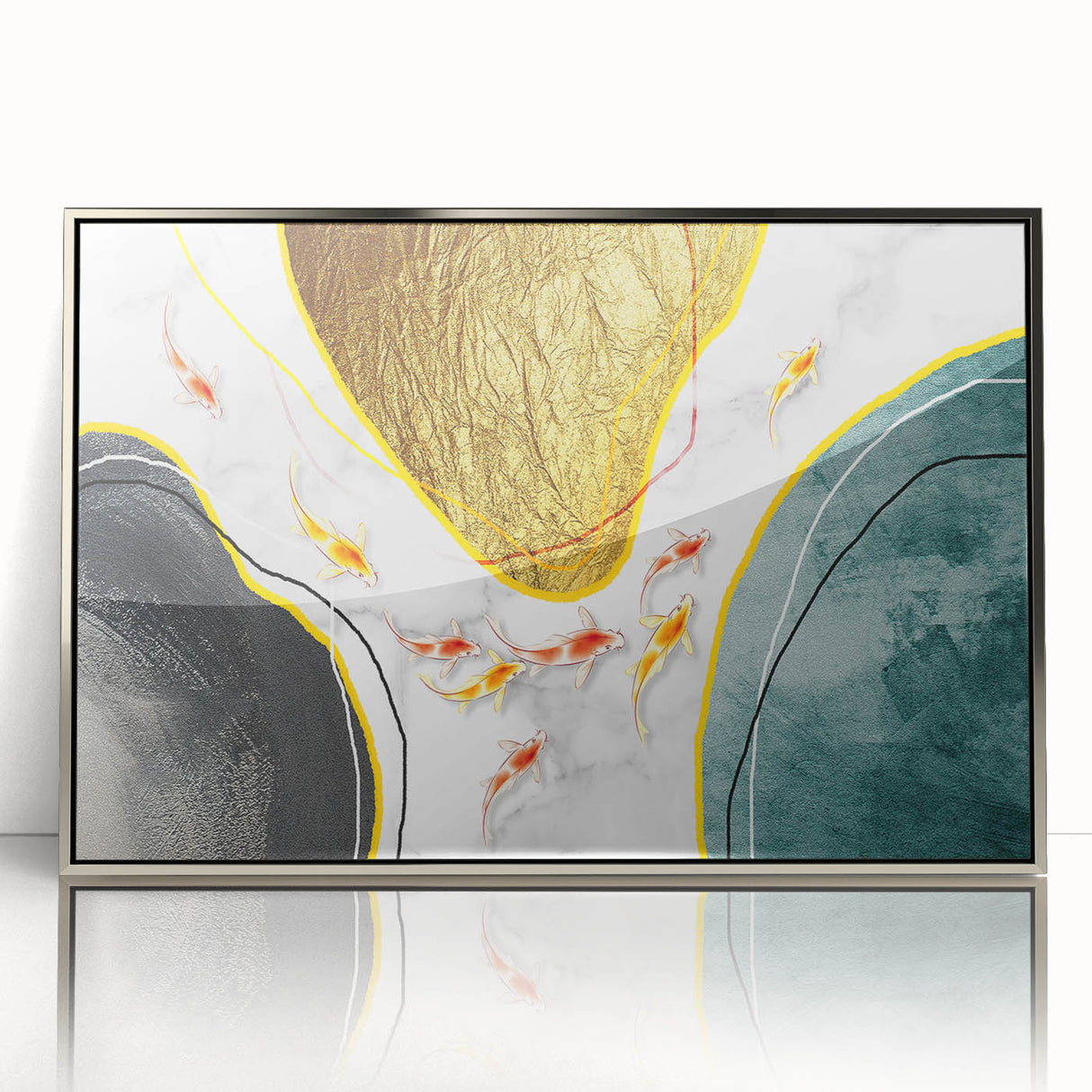Framed wall art featuring an abstract design of colorful strokes and lines in silver and blue hues, set against a sleek acrylic background, ideal for modern decor.